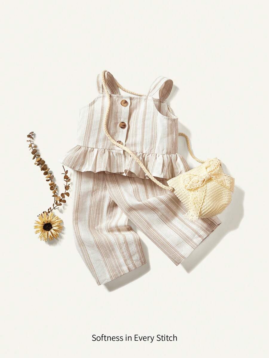 Cozy Pixies Baby Girl Colorful Striped Ruffle Strap Top And Casual Pants Outfit Set