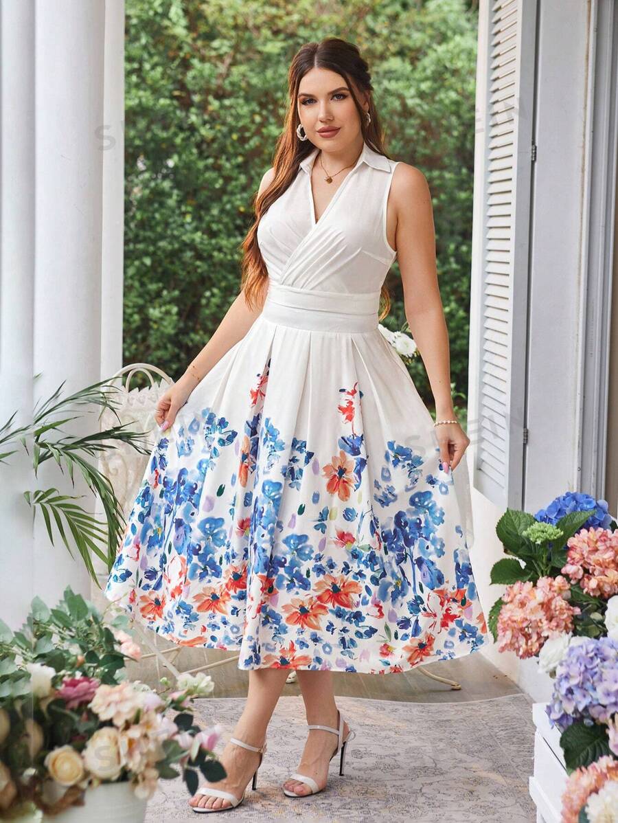 Celure Conjunto de top sin mangas de talla grande con correa trasera de unicolor y falda estampada