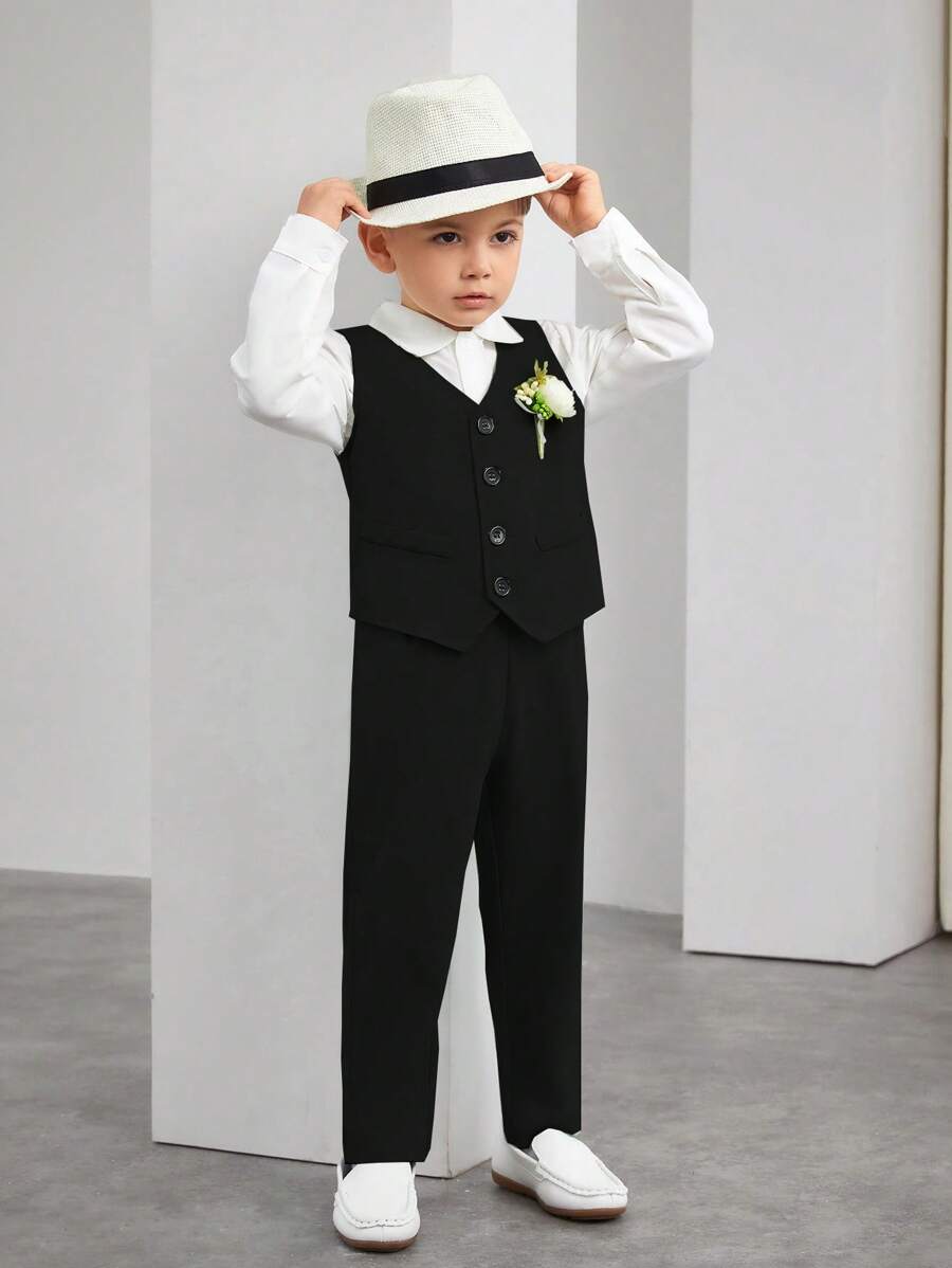 SHEIN Conjunto de 2 peças de cavalheiro jovem, colete elegante estilo empresarial + calças, terno formal para festa de aniversário, casamento, formatura, convidado de casamento, pajem, menino de alianças
