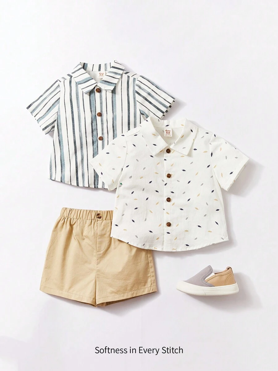 Cozy Pixies Baby Boy Striped Shirt & Shorts & Leaf Print Shirt