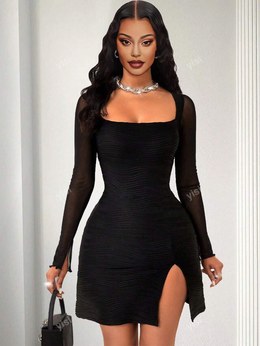 Women's Sexy Y2k Shrink Drawstring V-Neck Fold Tight T-Shirt Version Front Buckle Side Slit Dress