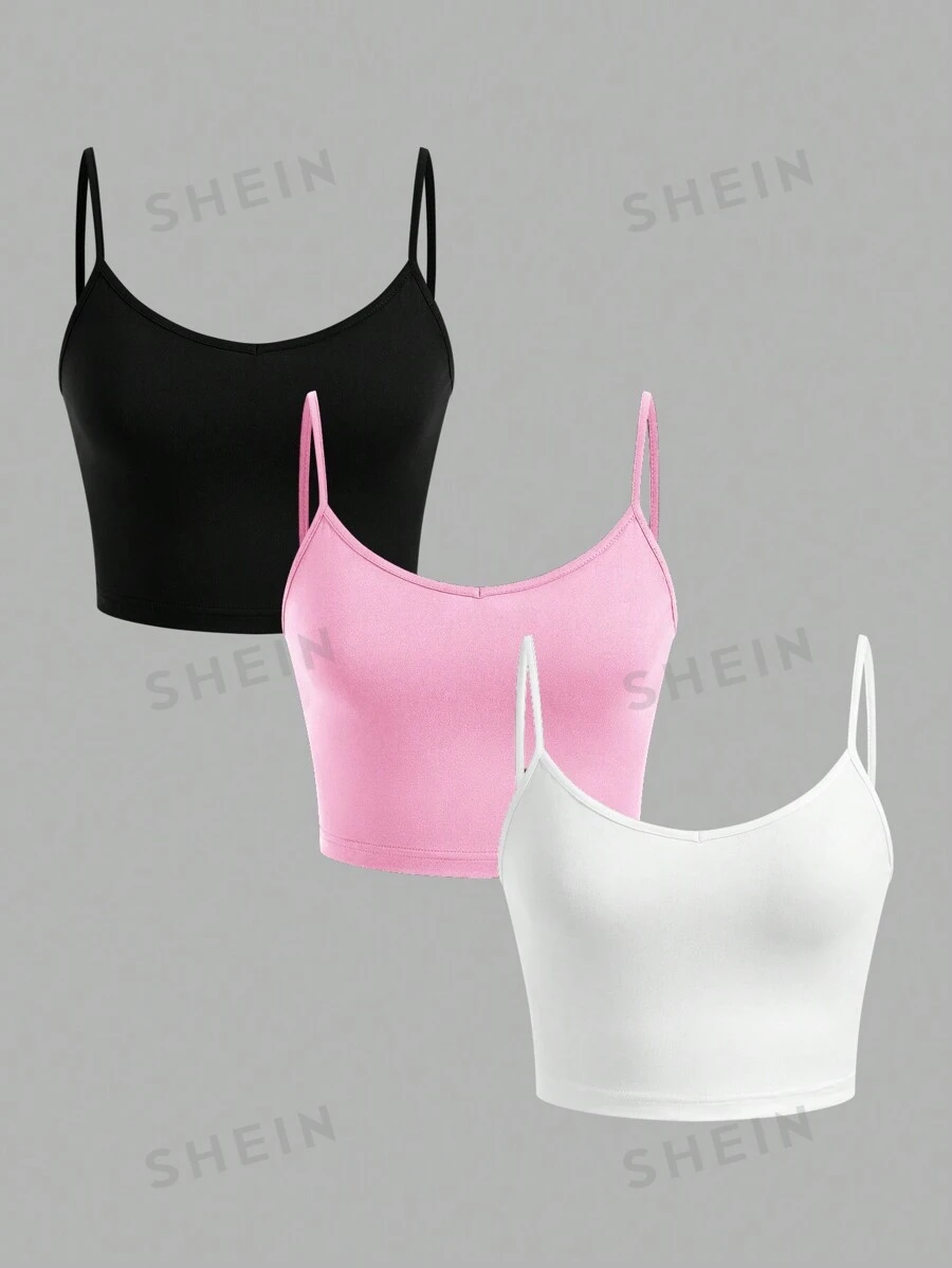 SHEIN EZwear 3 piezas Tops de tirantes casuales y cortos, ajuste ceñido, adecuados para el verano, mujeres