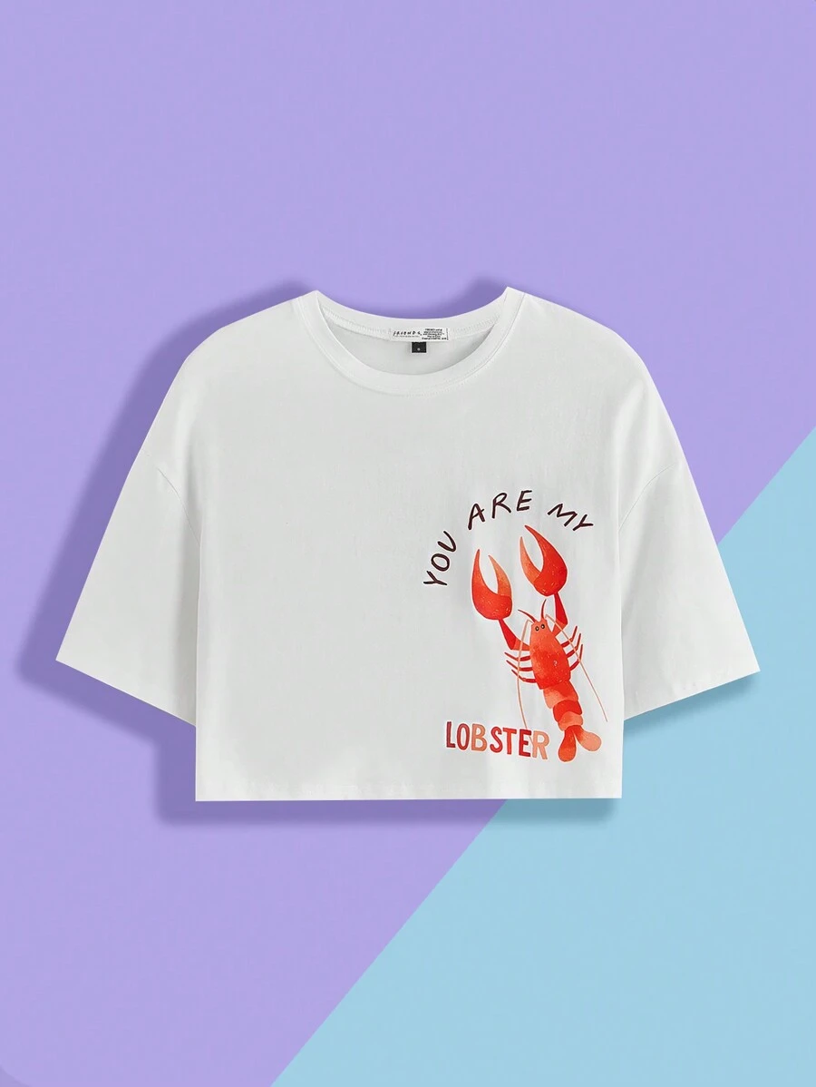 FRIENDS X SHEIN Lobster And Slogan Graphic Drop Shoulder Crop Tee YOU ARE MY LOBSTER