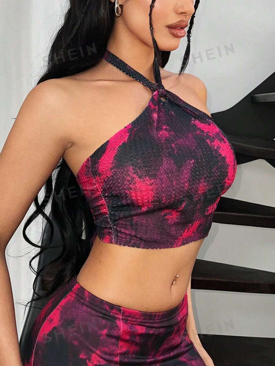 SHEIN ICON Top corto de verano para mujeres con correa de cuello halter, impresión teñida anudada en la espalda y ajuste entallado