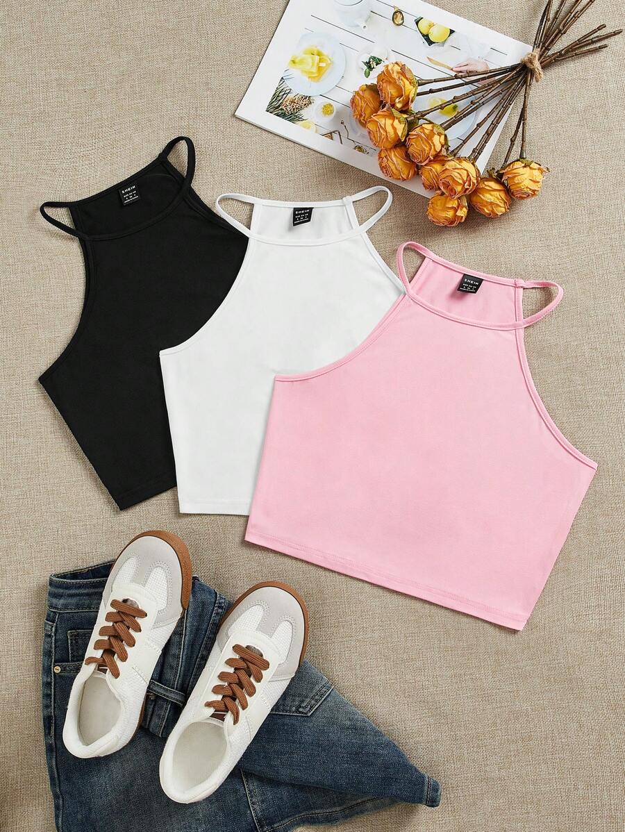 SHEIN EZwear 3pcs/Set Summer Casual Ribbed Scoop Neck Slim Fit Tank Tops For Women