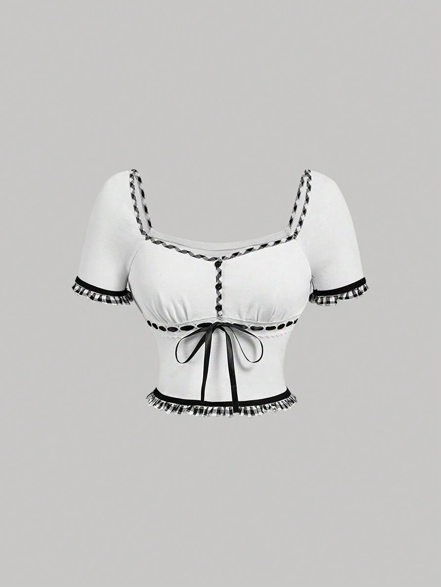 SHEIN MOD White Plaid Lace Inserted Summer Tee With Tie Strap