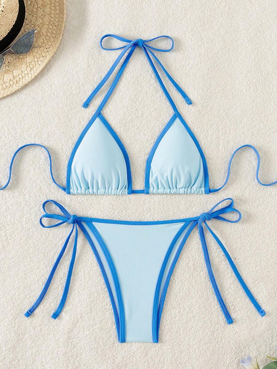 Swim Mod Color Block Edged Halter Back Tie Summer Beach Bikini Set