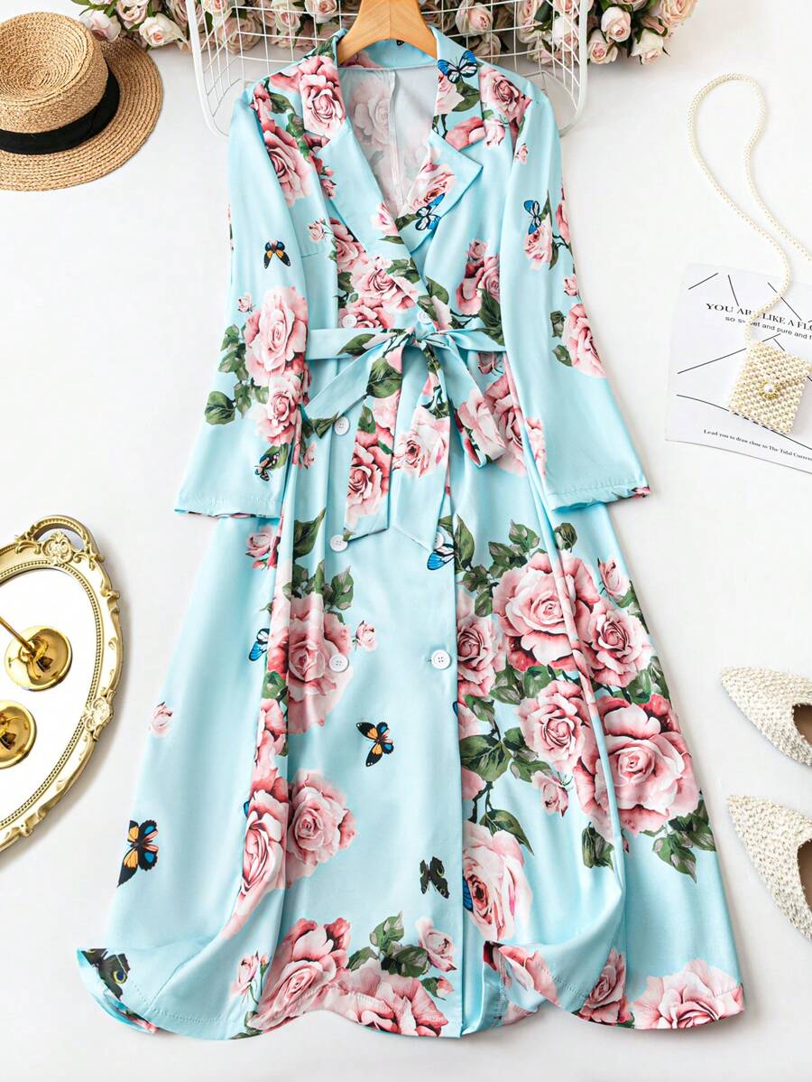 Celure Plus Size Floral Print Square Collar Double-Breasted Spring Casual Dress