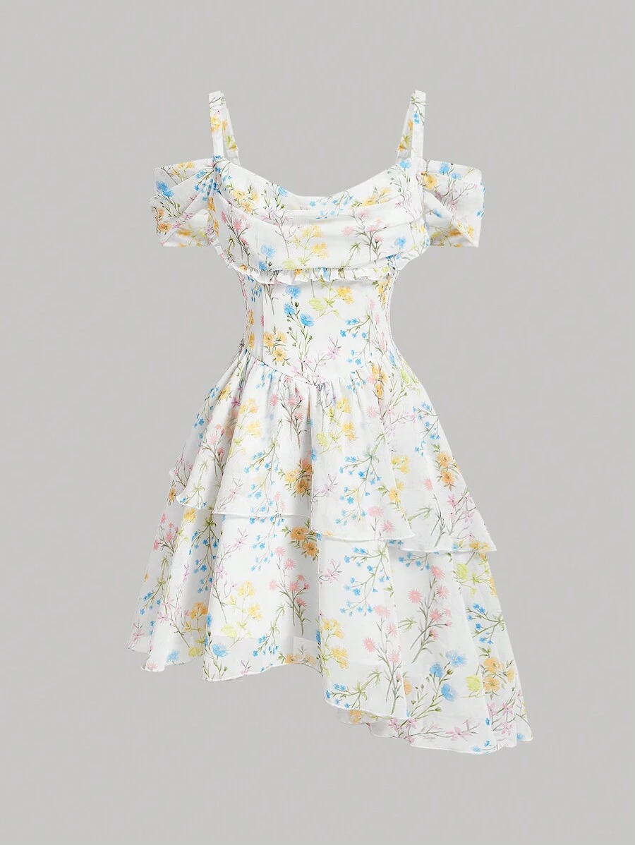 SHEIN MOD Romantic V-Neck Leaf & Flower Print Summer Holiday Dress With Open Shoulder, Multi-Layered And Asymmetrical Hem