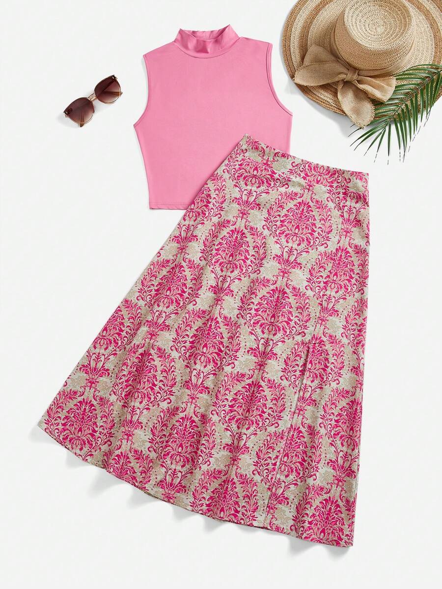 Breezaya Femmes ensemble jupe et top simple couleur unie sans manches