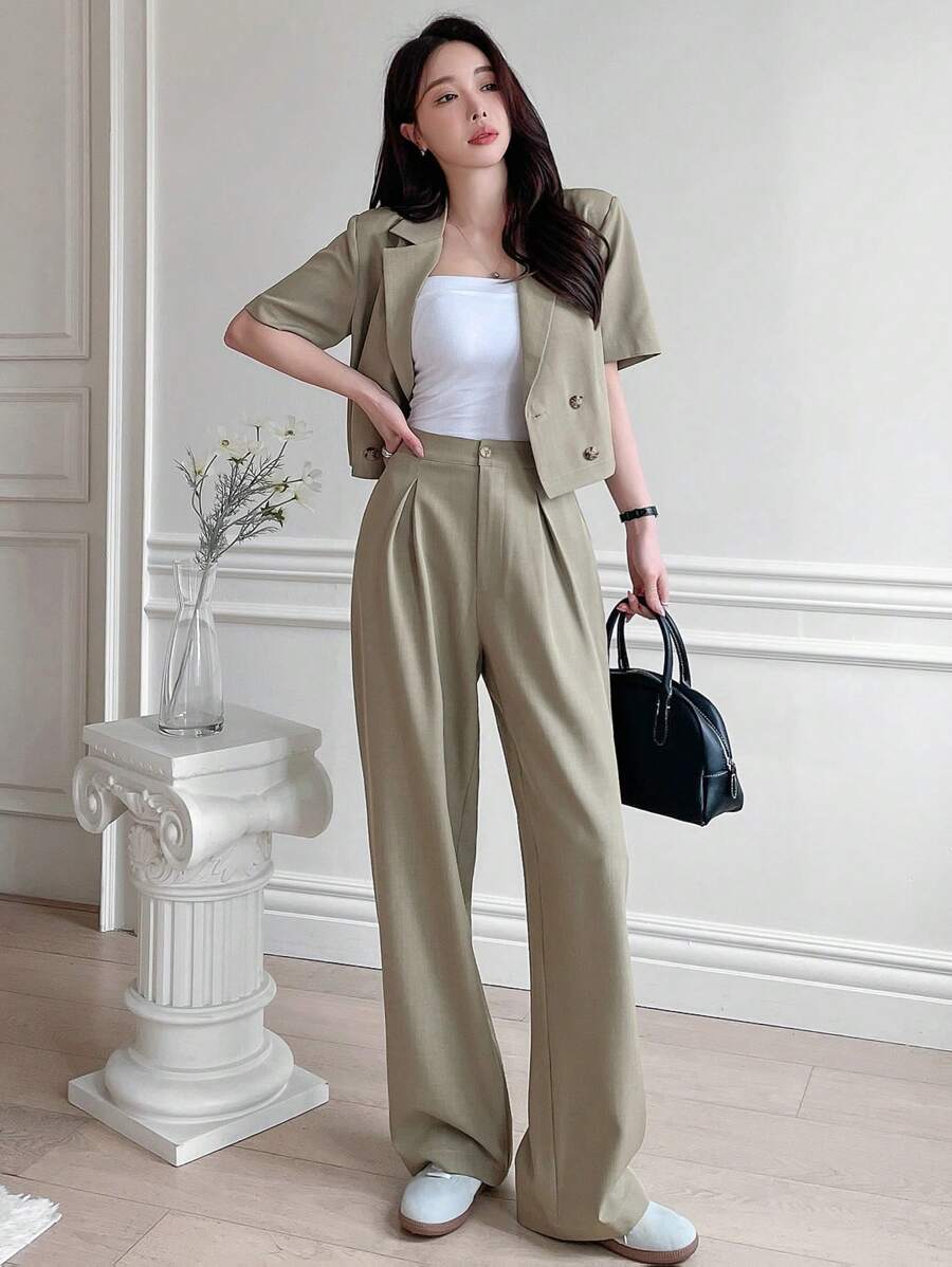 DAZY Women Two Pieces Short Sleeve Suit Jacket And Suit Pants Casual Loose Commute Set
