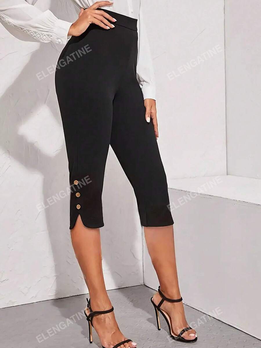 Pantalones capri de corte slim de unicolor para mujer de talla grande