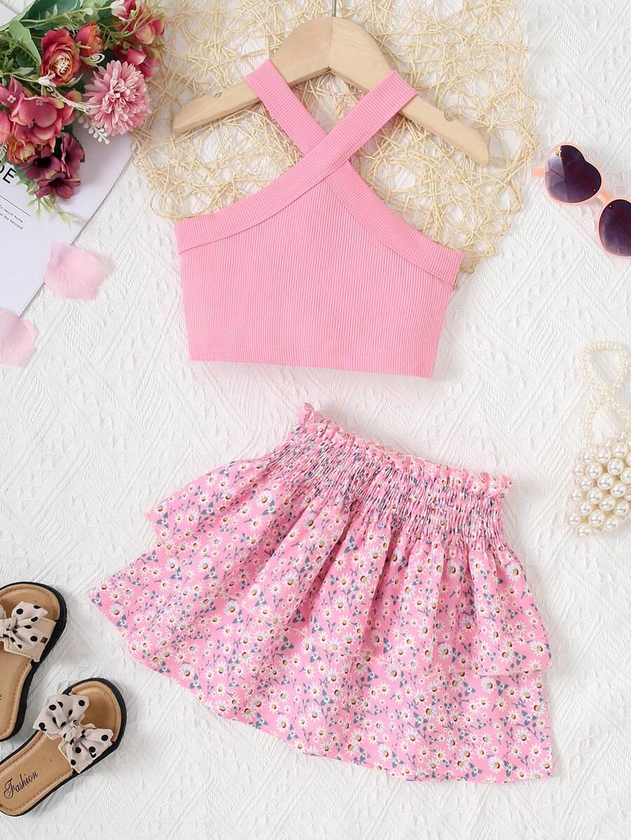 Conjunto de verano para niña joven que incluye top sin mangas de cuello halter y tanque de costilla sólido con falda con estampado floral pequeño y cintura elástica para vacaciones de ocio