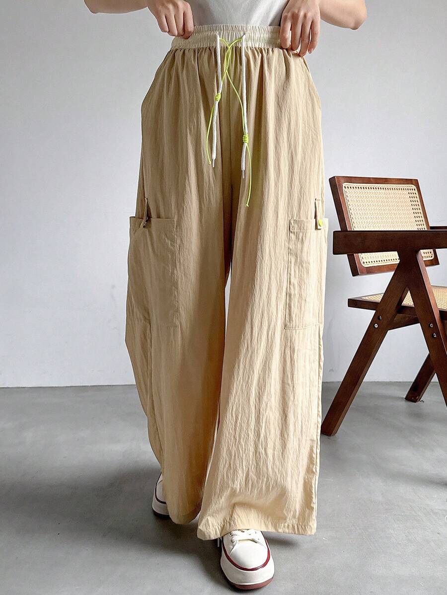 FRIFUL Women Casual Color Blocking Drawstring Waist Wide Leg Pants With Multiple Pockets