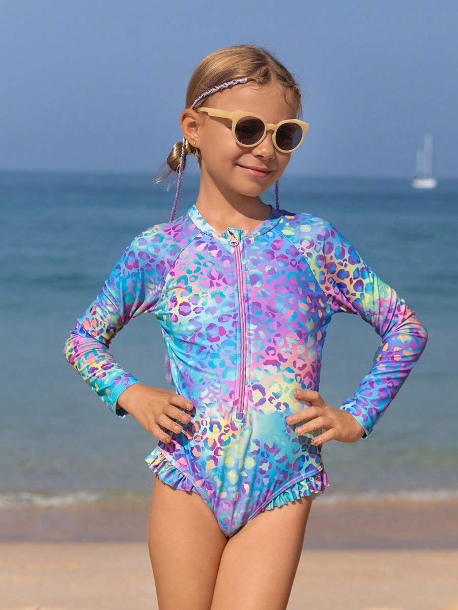 SHEIN Tween Girl Leopard Print Zipper Front Ruffle Trim One Piece Swimsuit