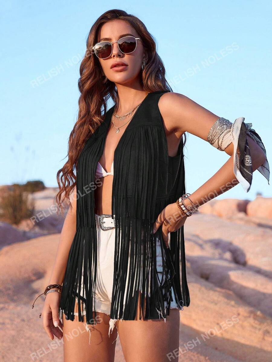 RELISH NOLESS Women Spring Summer Cowgirl Festival Outfit Country Concert Holiday Outwear Casual Sexy Boho Vacation Suede Fringe Vest