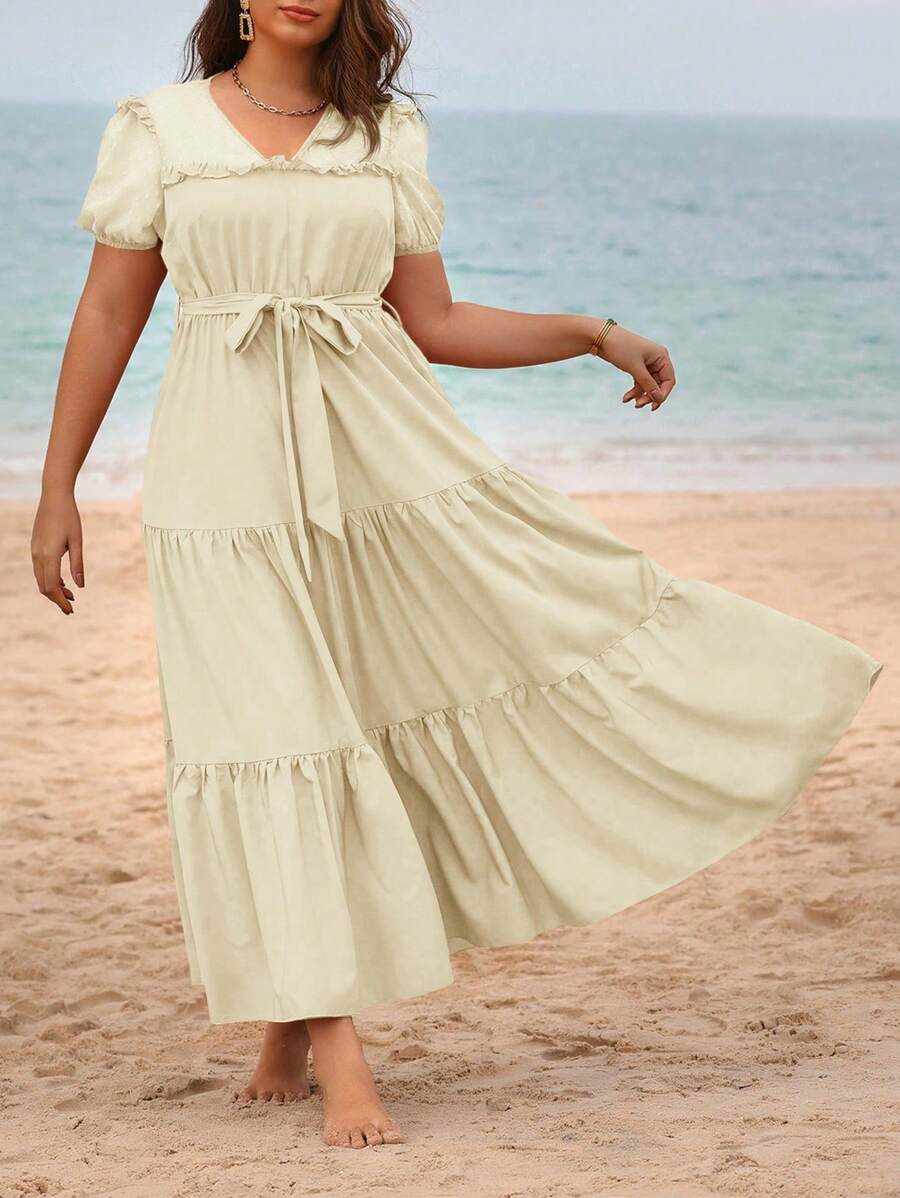 Breezaya Plus Size V-Neck Belted Vacation Style Solid Color Minimalist Dress For Spring And Summer
