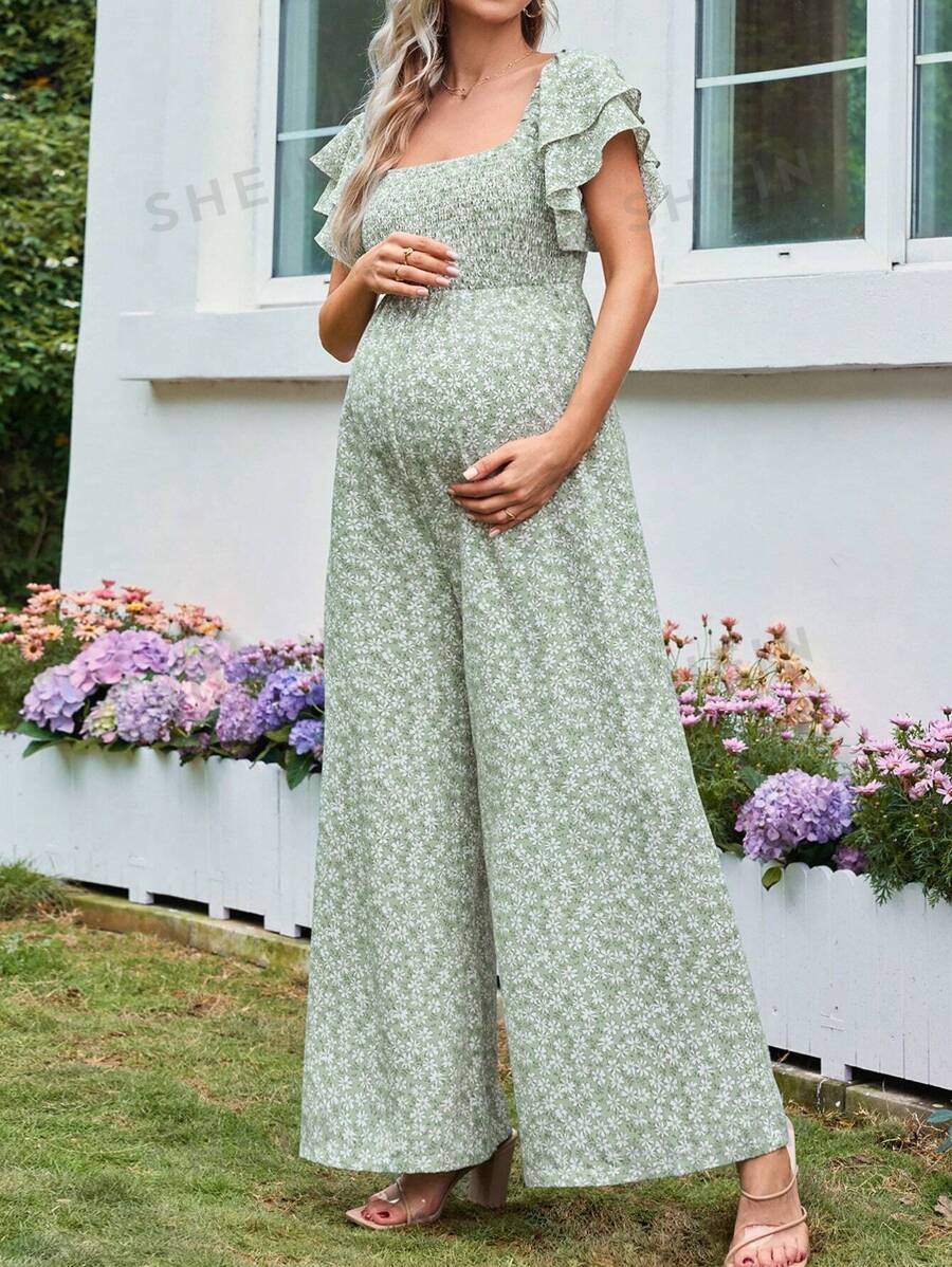 SHEIN Mono casual de maternidad con estampado floral y largo largo para un estilo joven y fresco