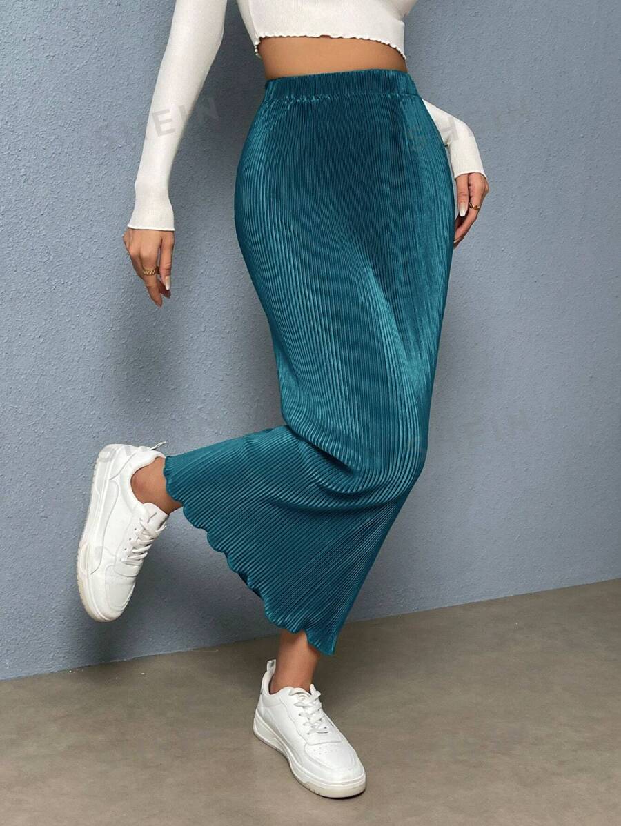 SHEIN Essnce Falda midi casual recta con cintura elástica para mujer con dobladillo plisado y borde con volantes