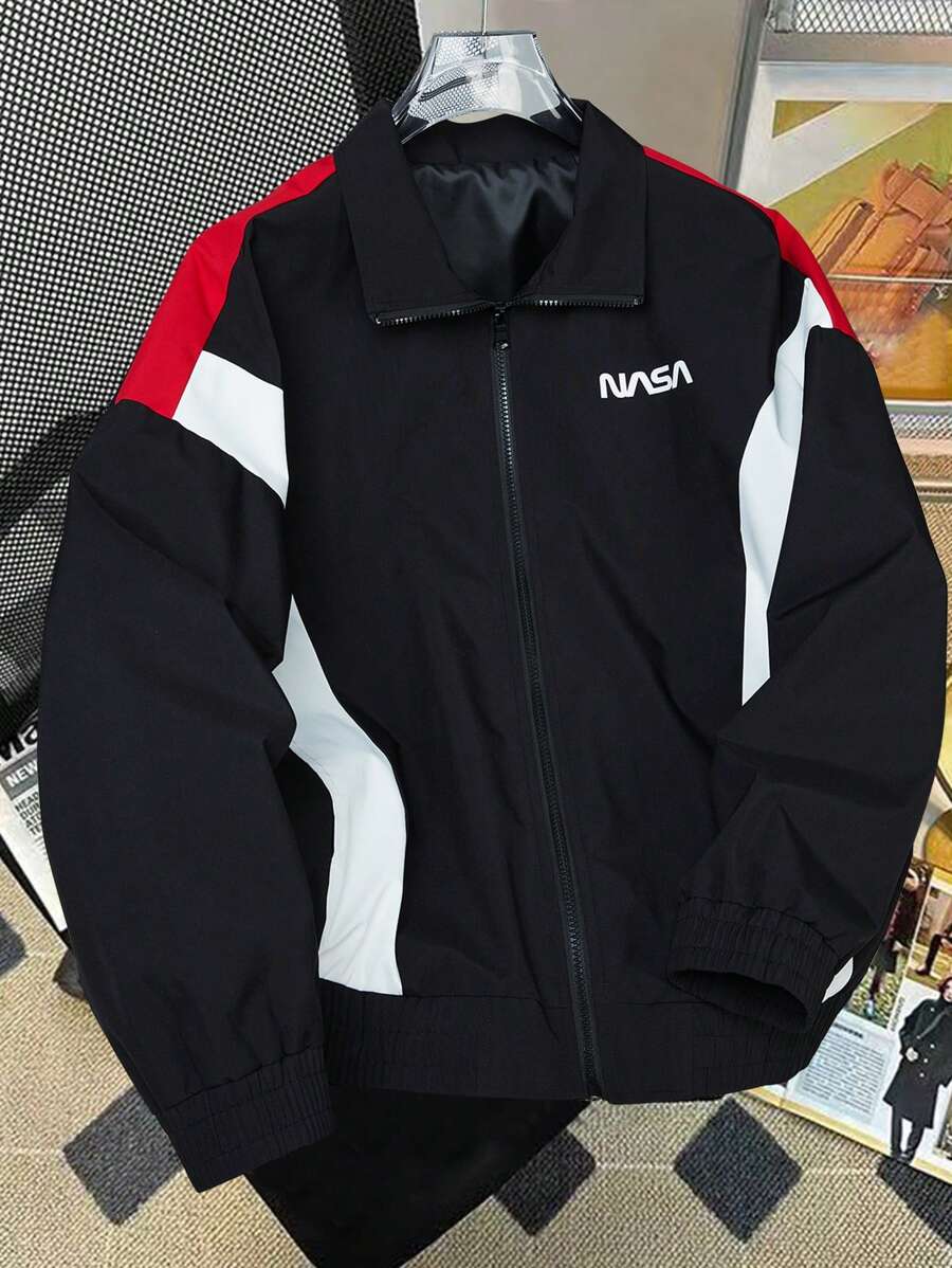 Manfinity Hypemode Herren Frühlings- und Herbst-Lässig Kontrastfarben bedruckter Buchstaben Reißverschluss Stehkragen Jacke, leichte Jacke zum Ausgehen mit Farbblock in Schwarz und Langarm, als Geschenk für Freunde, Ehemann, Freund