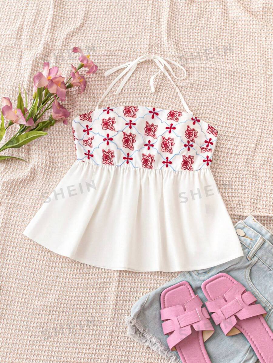 Soleia Blusa de tirantes holgada de verano para mujer con diseño de flores y cuello Halter con volantes y lazo en el cuello