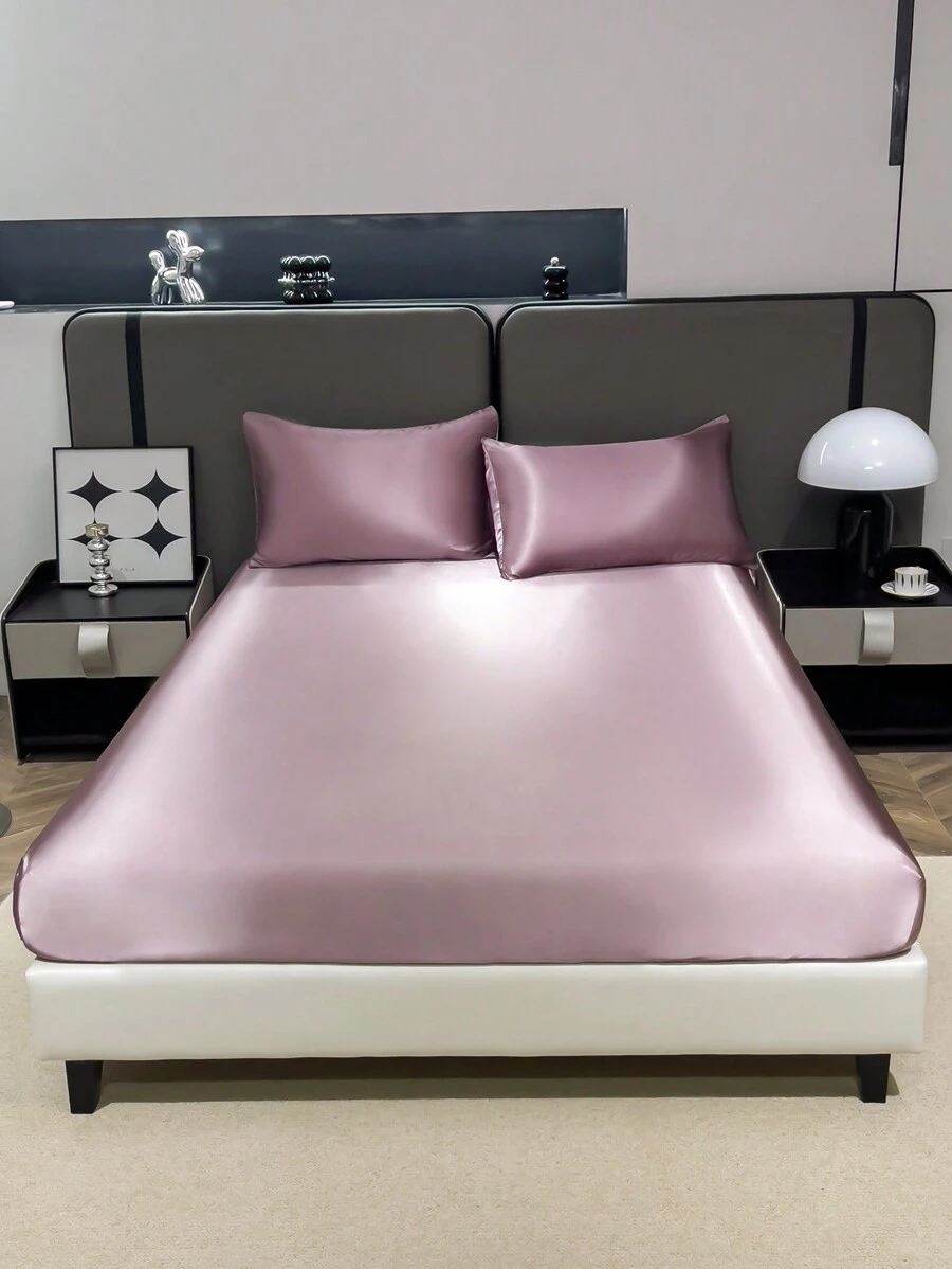 3pcs Solid Color Dusty Pink Satin Fitted Sheet Set Simulation Silk Fitted Sheet Set With 1pc Fitted Sheet+2pcs Pillow Case Without Filler, Modern Soft Bedding Set For Household Sheet Deep Pocket Up To 13.8 Inch Satin Pillowcase, Soft Breathable Wrinkle-Free Better For Sleep, Luxury Hotel Style, Gift For Mom Dad Friend Domitory Bedding Back School Bedding