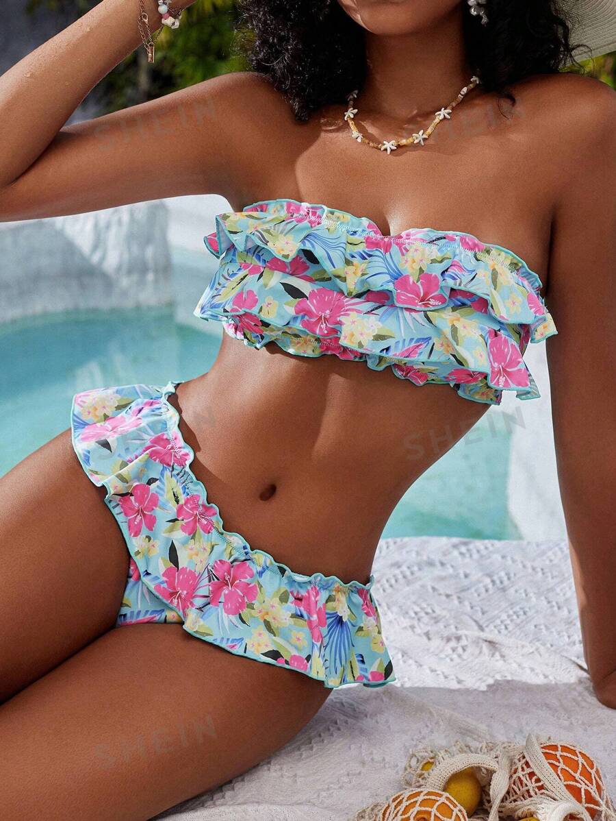 Swim Mod Conjunto de bikini con estampado tropical de plantas para mujer de playa de verano con dobladillo con volantes, sin tirantes, simple pero elegante, perfecto para unas vacaciones