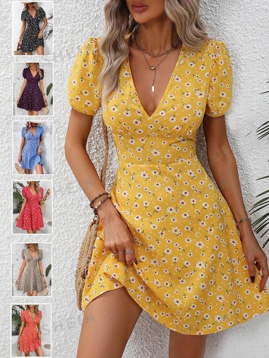Breezaya Vestido y falda de escote en V con estampado floral pequeño para verano, conjunto de ropa de playa y vacaciones para mujeres