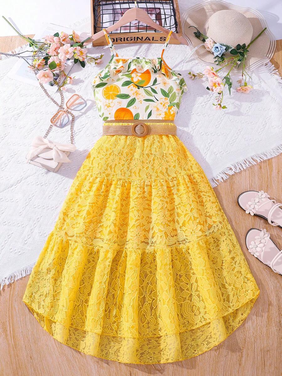 SHEIN Tween Girl Vacation Leisure Fruit Plant Printed Cami Top & Solid Lace Hem Skirt Set