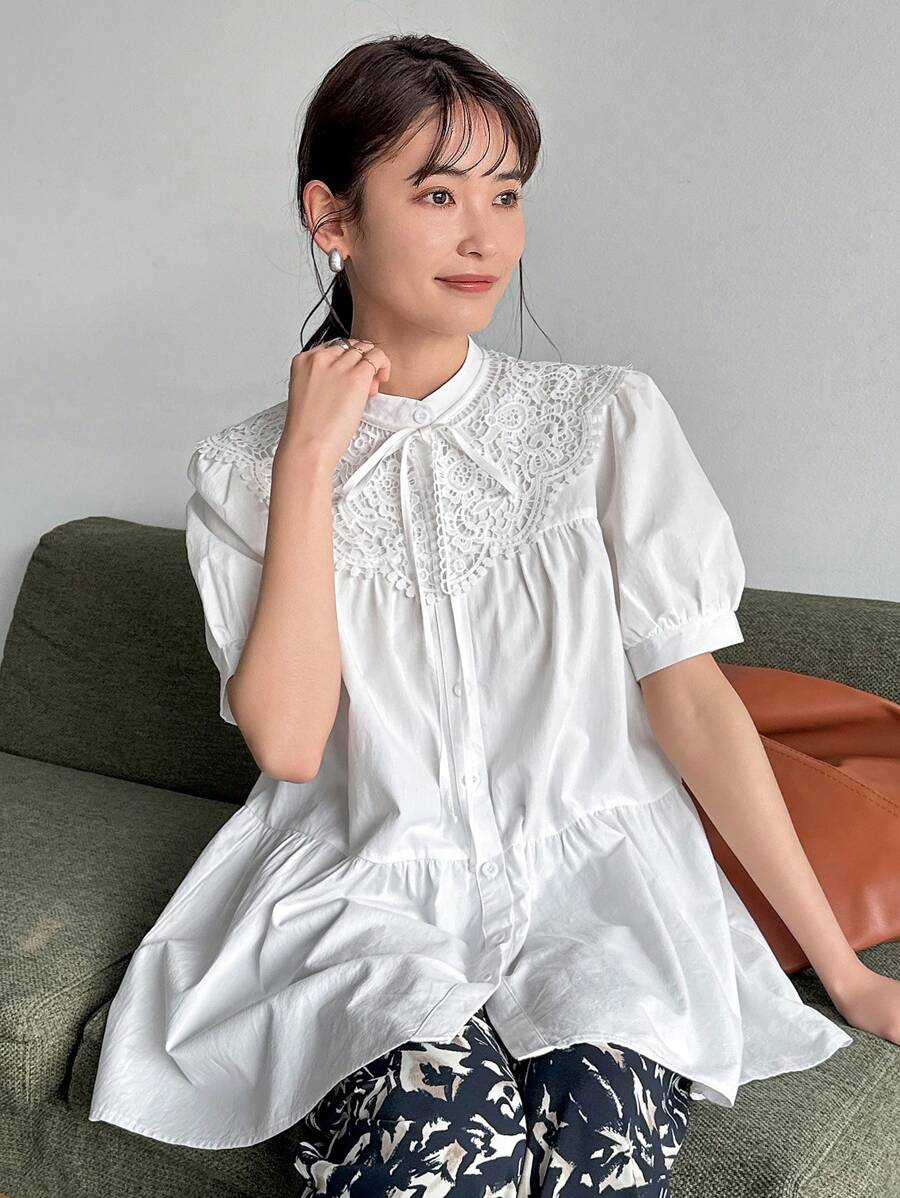 FRIFUL Women Summer Elegant Solid Color Shirt With Lace Collar, Short Puff Sleeve And Tie-Up Front,Ruffle