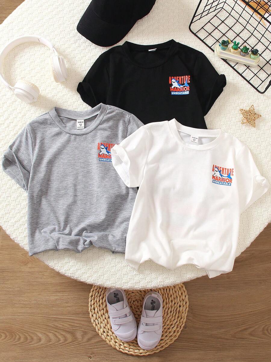 SHEIN Conjunto de 3 piezas de camisetas divertidas y lindas con diseño de tiburón de moda callejera para niño joven, adecuadas para verano, uso diario, escuela, exteriores y vacaciones