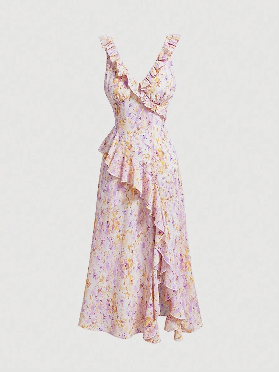 SHEIN MOD Base Purple Ombre Floral Print Romantic Asymmetric Hem Dress With Ruffle Trim For Spring/Summer