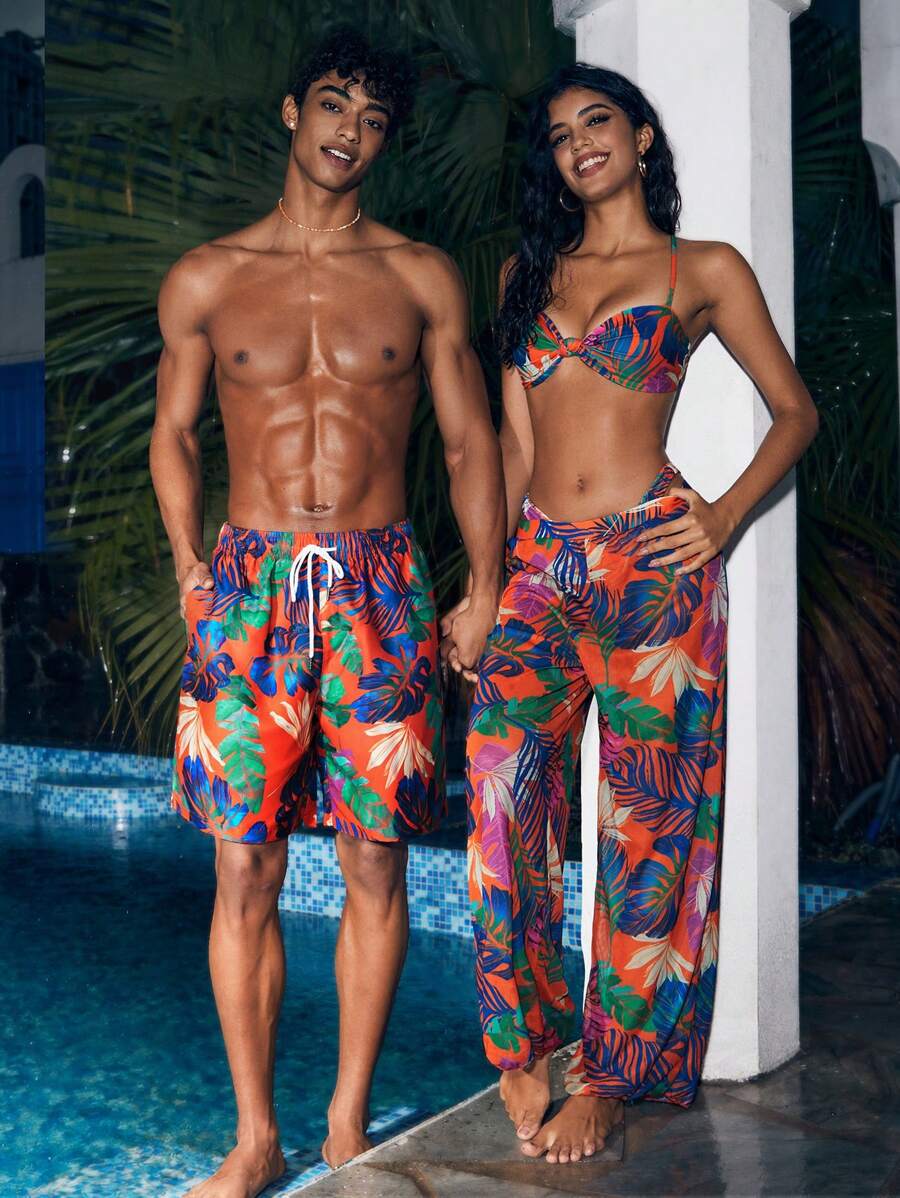 Manfinity Men Vacation Leisure Plant Printed Swim Trunks For Pool And Beach