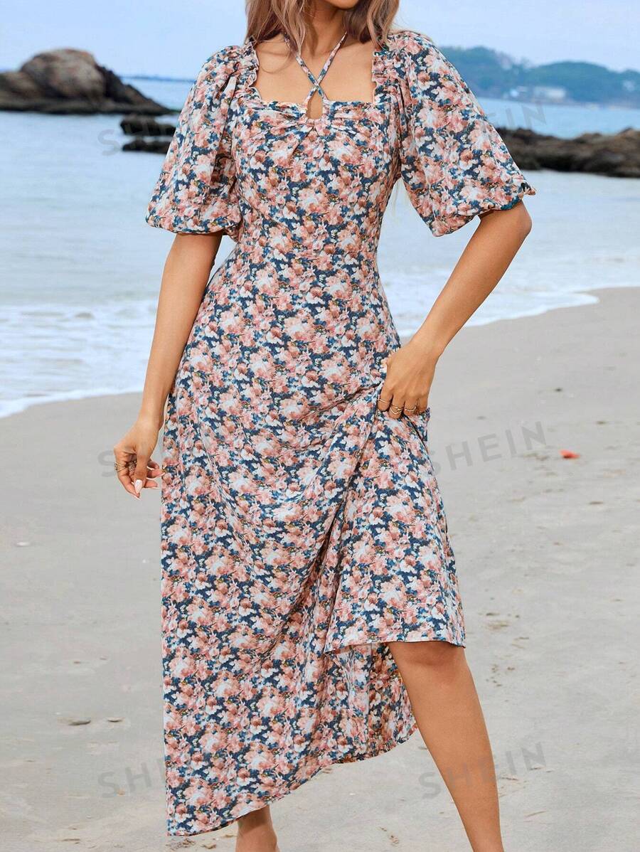 Mulvari Vestido árabe de manga abullonada con estampado floral completo para mujer