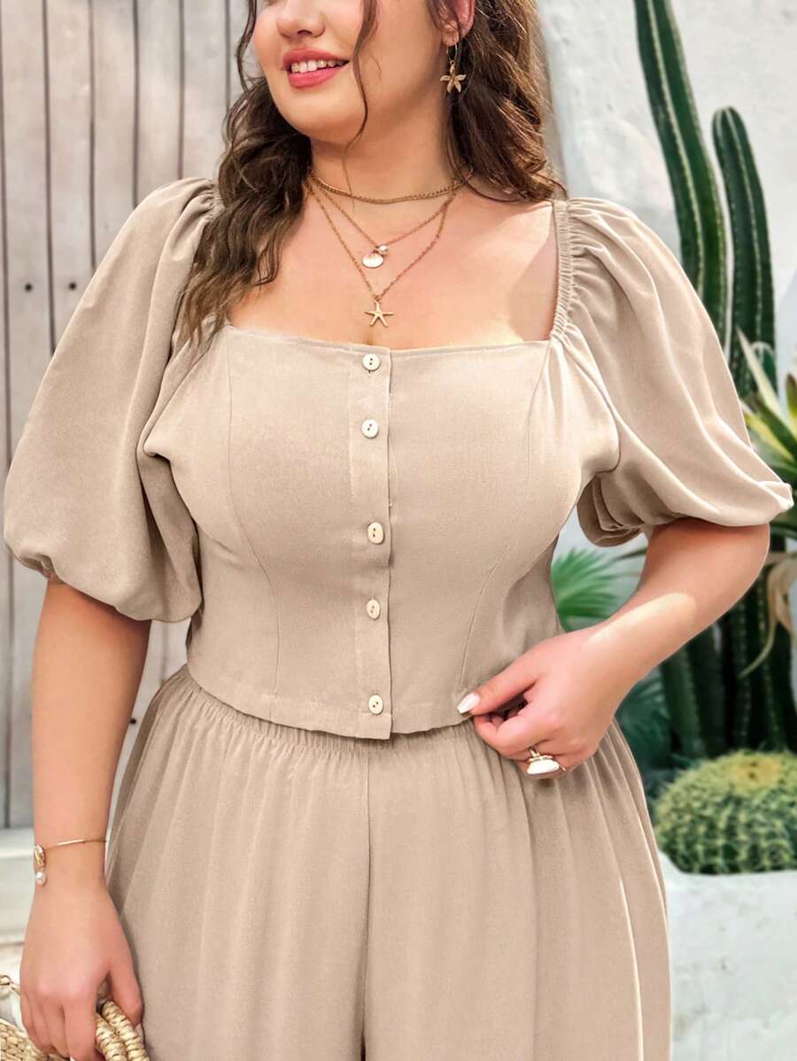 Dreamara Camisa Khaki con botones para mujeres de talla grande WYWH para vacaciones
