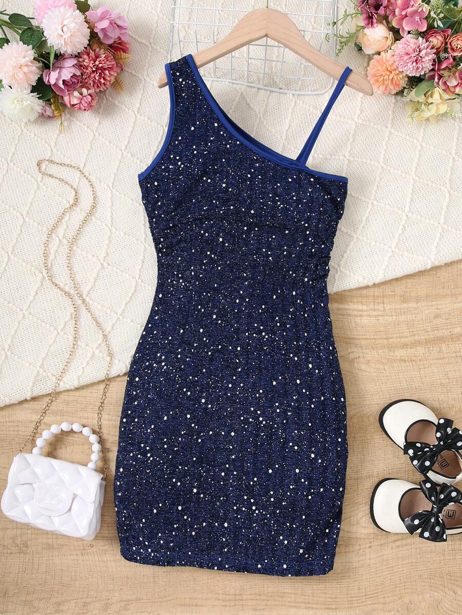 Tween Girl Asymmetric Neckline Dress, Glittery Dress, Party