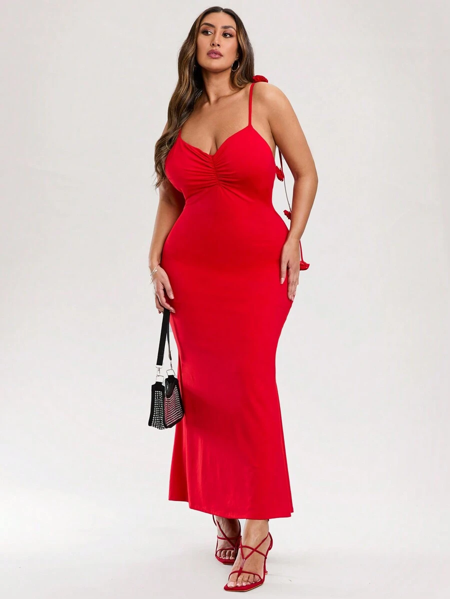 SHEIN BAE Elegant Plus Size Women Knitted Solid Color Bodycon Long Dress With 3D Flower