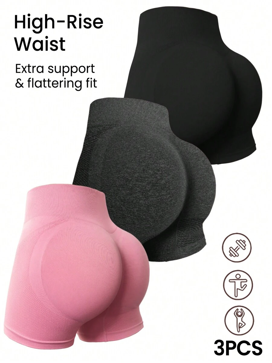 Easify SHEIN Sport Set di 3 shorts sportivi da donna, con vita alta, colori uniti, effetto contenitivo, adatti per palestra, bici e attività fisica