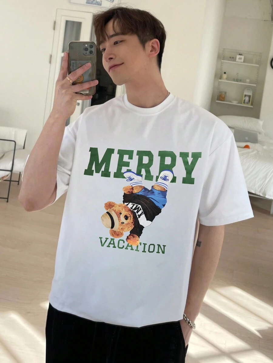 DAZY Camiseta masculina de verão com estampa de letter & ursinho teddy