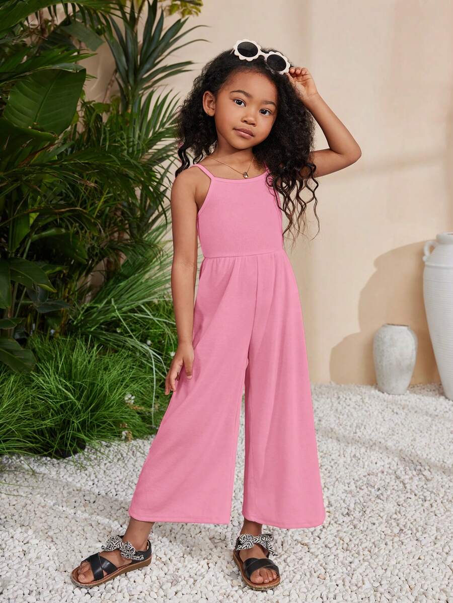 SHEIN Young Girl Knitted Plain Jumpsuit With Shoulder Straps For Spring And Summer Vacation And Leisure