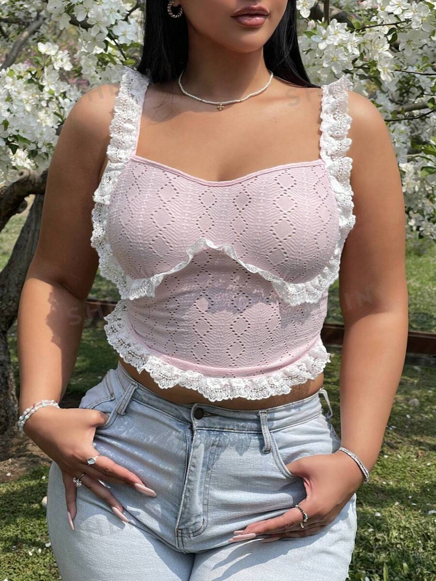 SHEIN WYWH Camisole de verano para mujeres de talla grande con textura de encaje y parches de tela empalmada