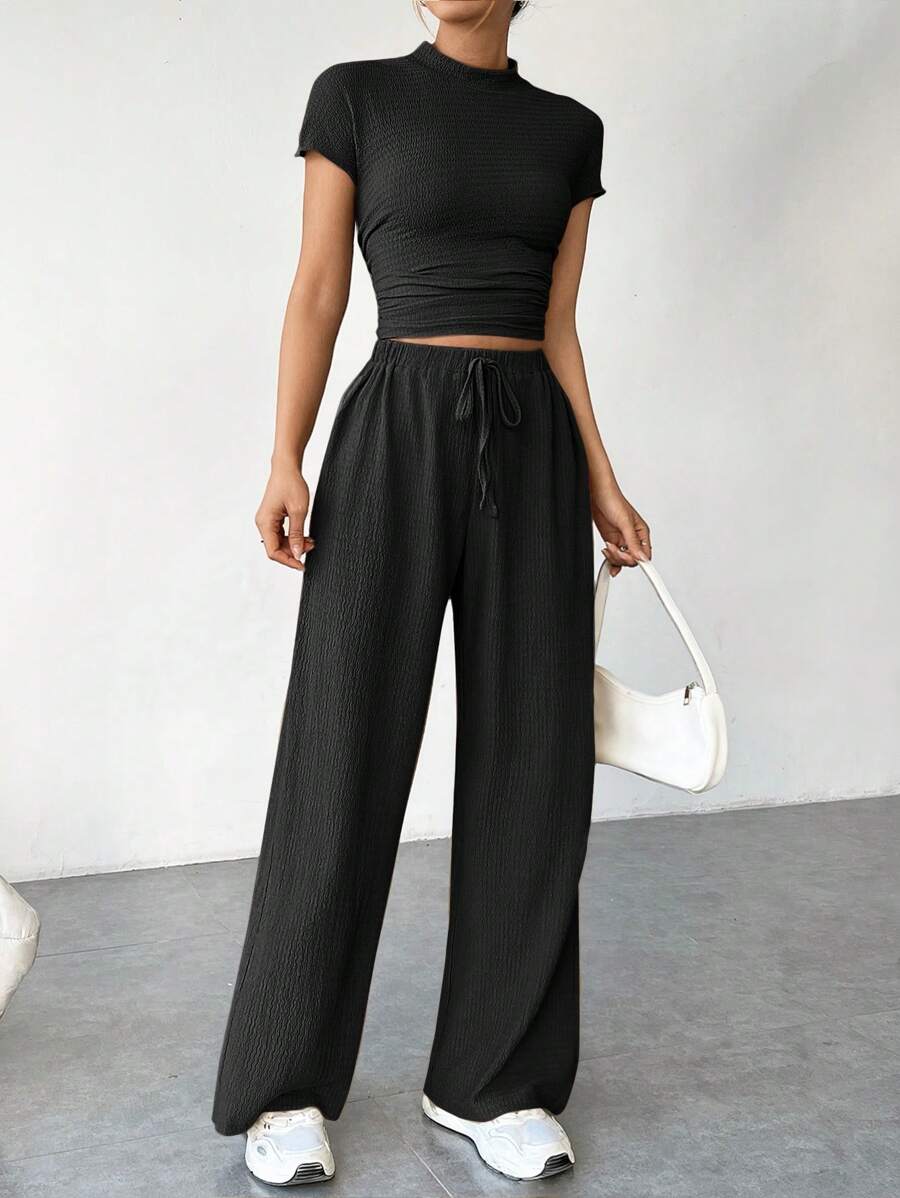 SHEIN EZwear Women Solid Color Short-Sleeve Stand Collar Top With Drawstring Long Pants Two-Piece Set