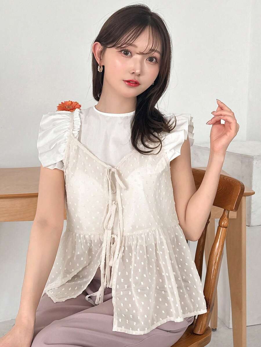 FRIFUL Designer Top de tirantes con cordón para mujer, casual de verano y con textura de malla transparente
