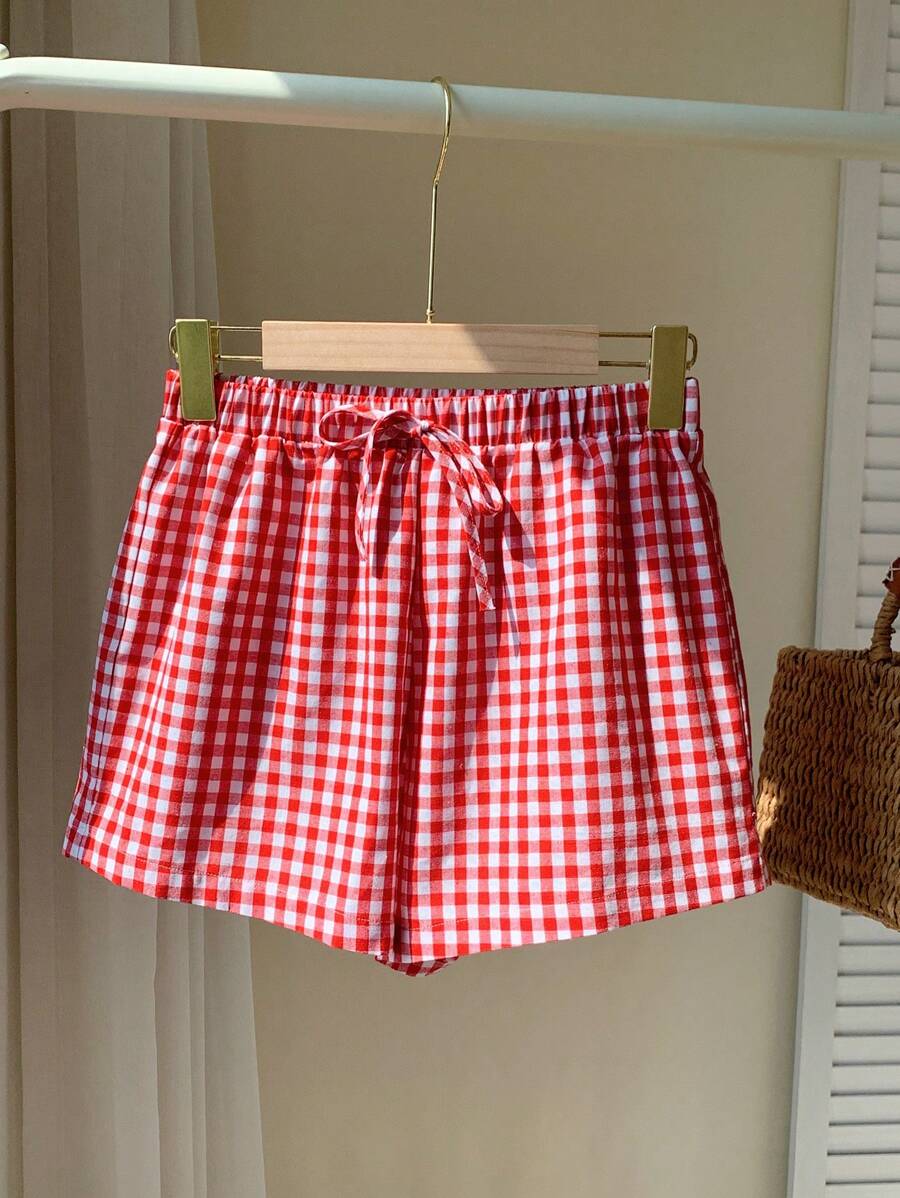Comfortcana Women Red Plaid Woven Loose Casual Shorts