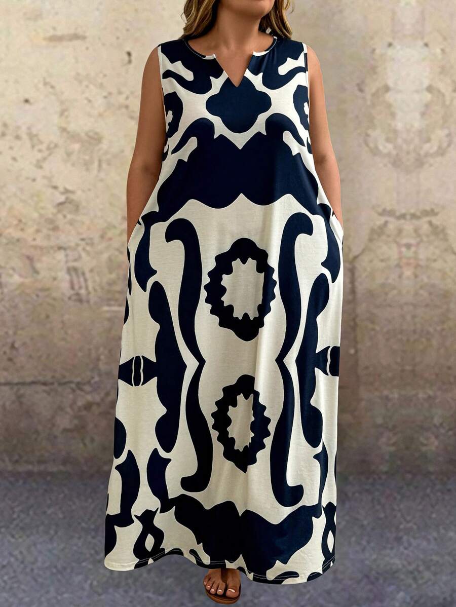 EMERY ROSE Plus Size Women's Vacation Leisure Print Notched Neck Sleeveless Long Pockets Dress With Cutout