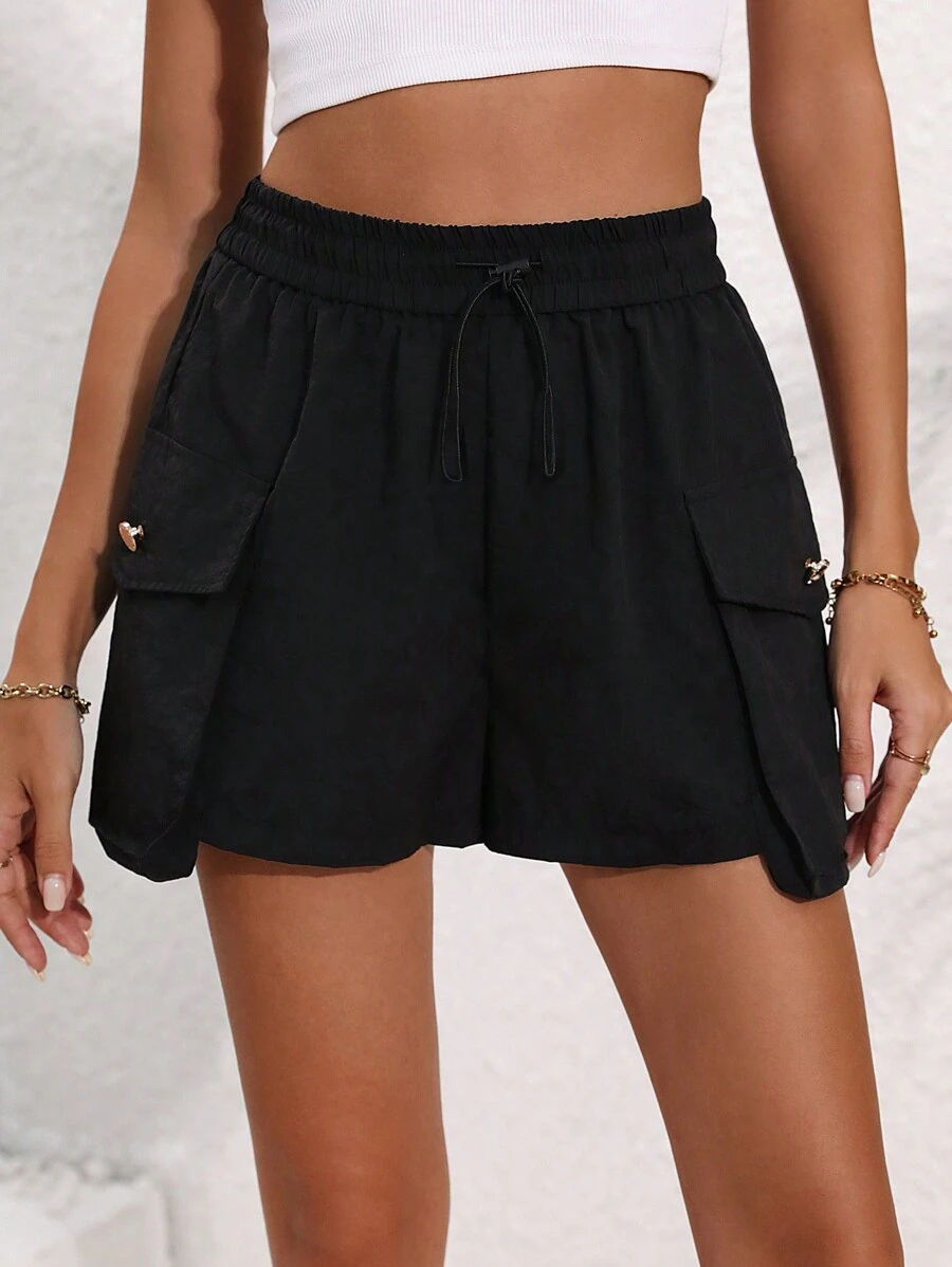 SHEIN Allurite Women Drawstring Workwear Pocketed Wide-Leg Loose Shorts