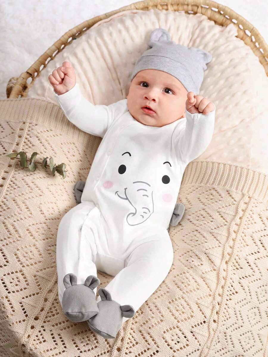 SHEIN Overol cómodo y suave para el hogar tejido con patrón de animal adorable para bebés varones