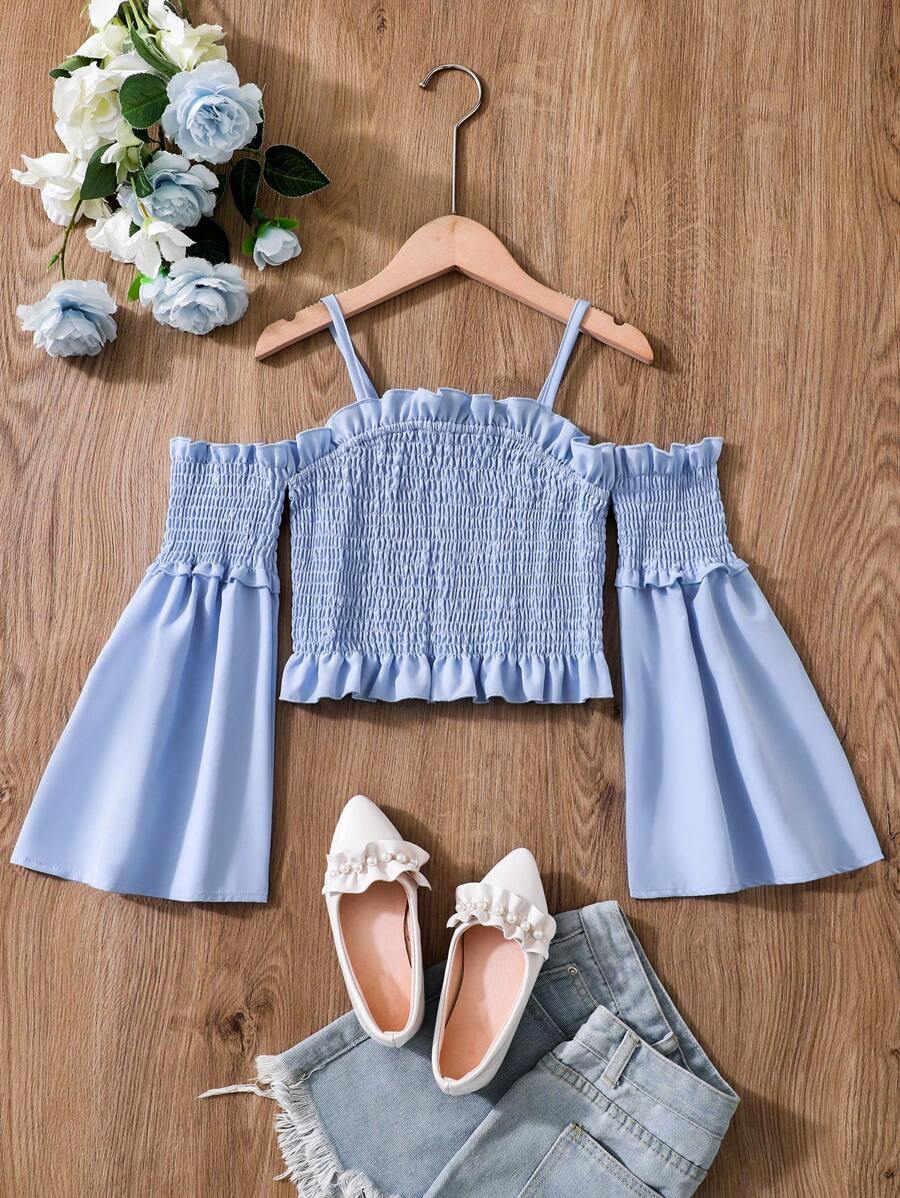 SHEIN Wildeya Blusa Simples de Verão para Meninas Adolescentes com Mangas Flare e Cor Sólida, Estilo para Férias de Verão