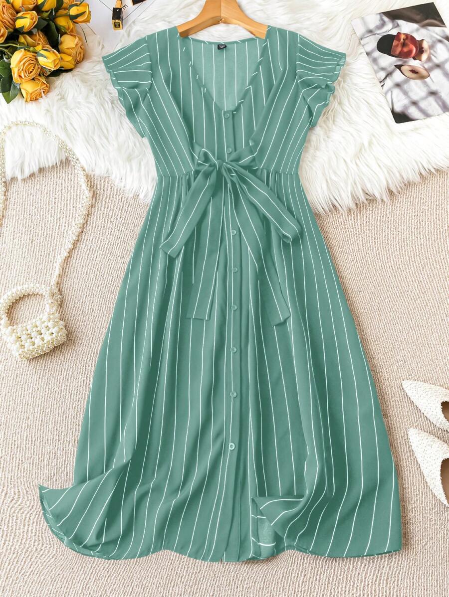 SHEIN Clasi Plus Size Spring/Summer Casual Striped Front Button-Up Dress Maxi Women Outfit