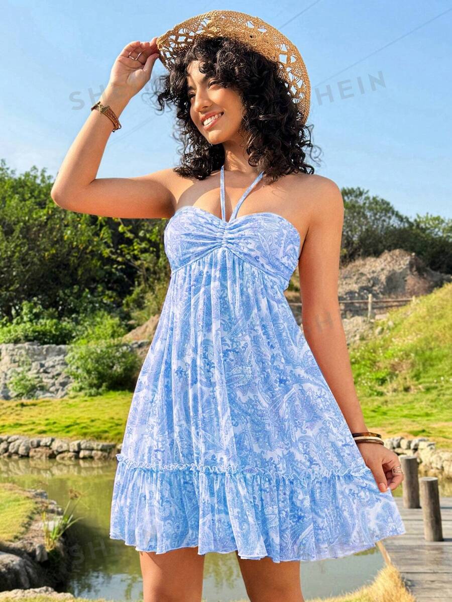 Soleia Vestido hippie de mujer sin mangas con cuello halter y estampado de paisley